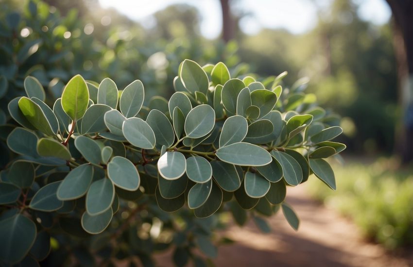 A bush resembling eucalyptus stands tall, with slender, silvery-green leaves and a distinct, aromatic scent
