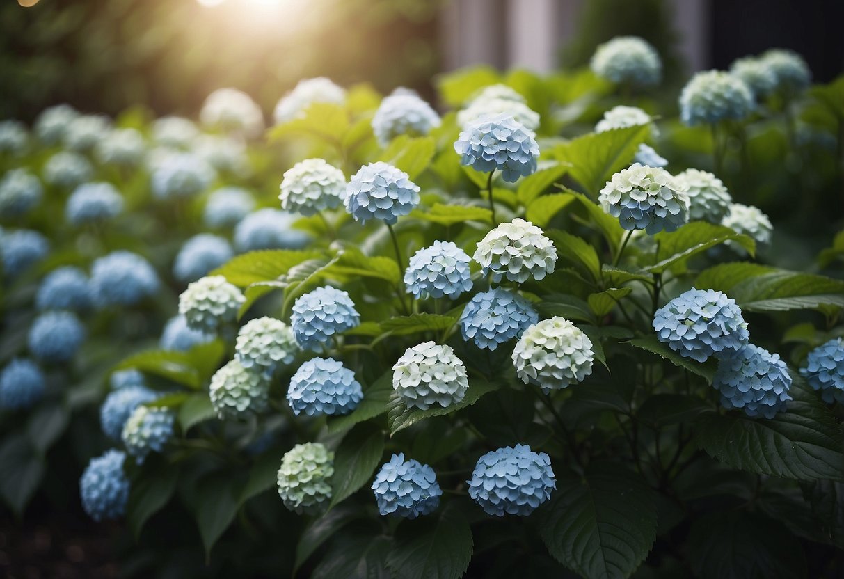 Lush green plants resembling hydrangeas in a garden setting