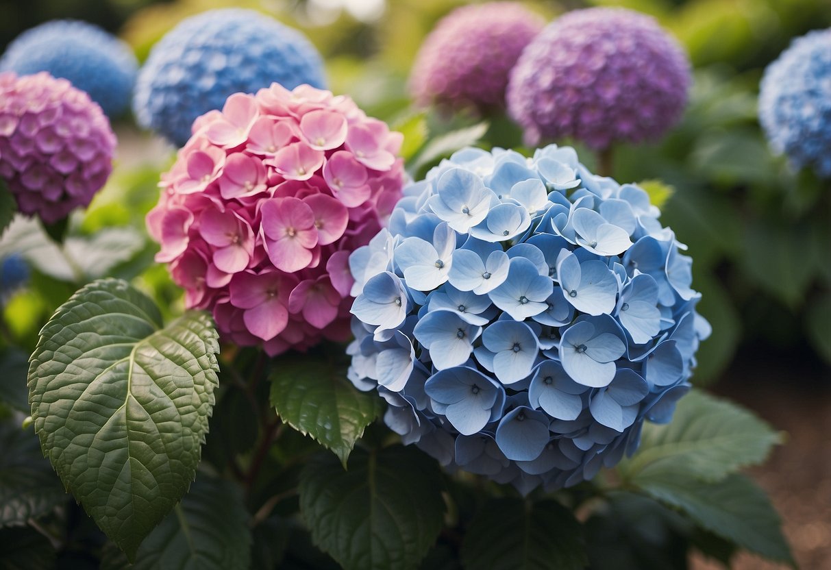 A garden with large, round clusters of flowers on bushy plants, resembling hydrangeas in various colors and sizes