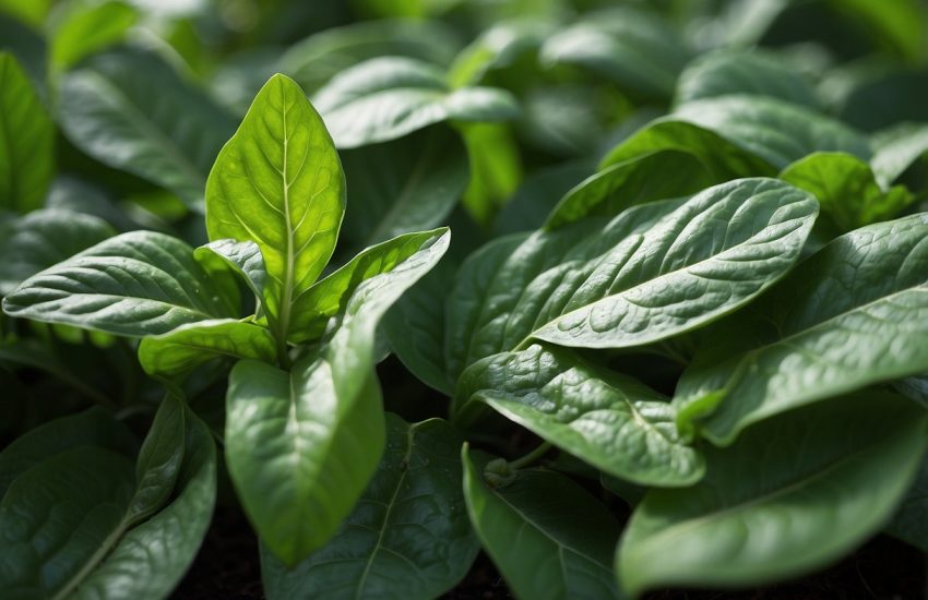 Lush green leaves resembling spinach fill the garden, their vibrant color and crinkled texture adding a sense of freshness and health
