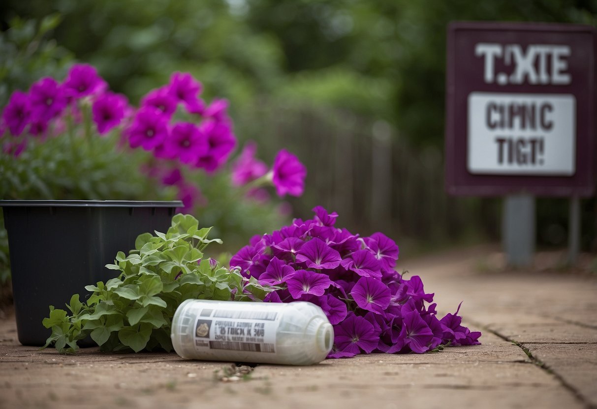 A pile of wilted petunias lies next to a spilled container labeled "toxic." A small warning sign is posted nearby
