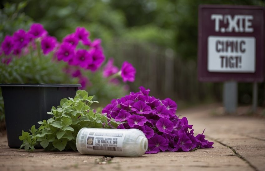 A pile of wilted petunias lies next to a spilled container labeled "toxic." A small warning sign is posted nearby