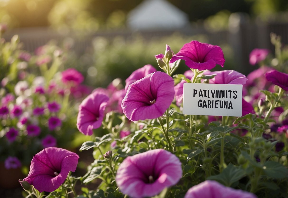 A garden with petunias in full bloom, surrounded by a low fence, with a sign reading "Cultivating a Safe Garden with Petunias."