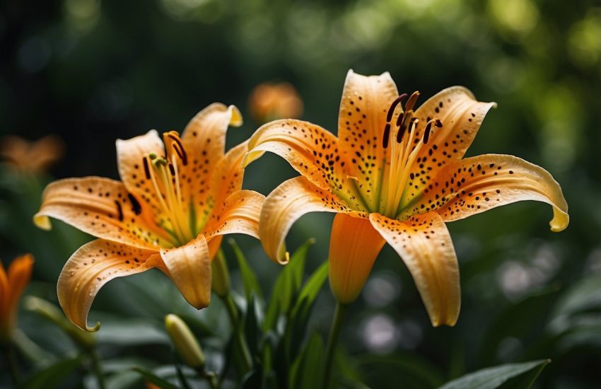 Tiger lilies in a lush garden, their vibrant orange petals and dark spots stand out against the green foliage