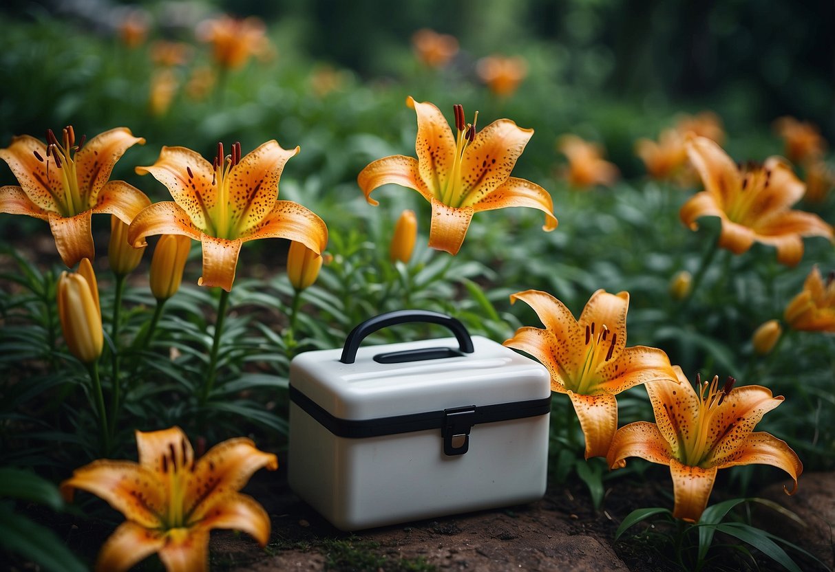 Are Tiger Lilies Poisonous to Humans? A Comprehensive Guide - PlantNative.org Bright tiger lilies in a garden, with a first aid kit nearby. Warning sign for poisonous plants