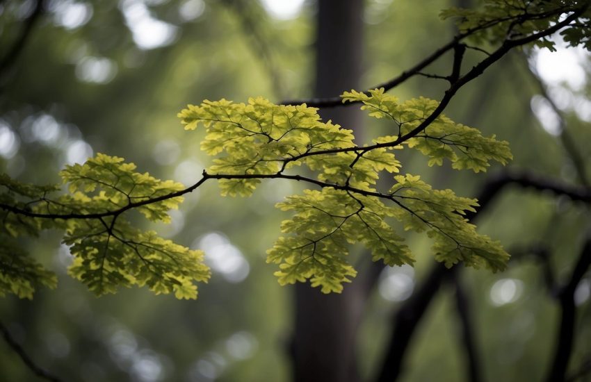 An oak tree stands tall in a Virginia forest, its branches reaching out and leaves rustling in the breeze