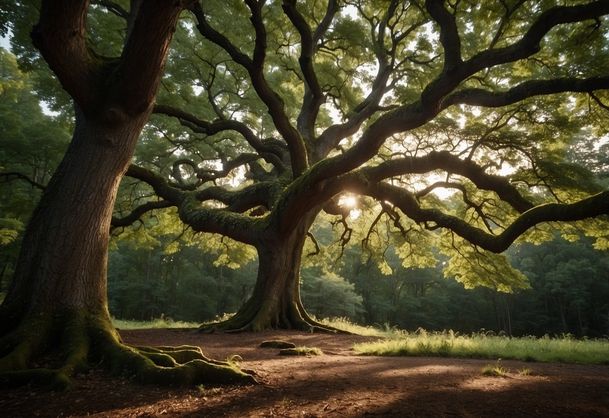 An oak tree stands tall in a Virginia forest, with broad, spreading branches and deep green leaves. Its thick, gnarled trunk shows the passage of time