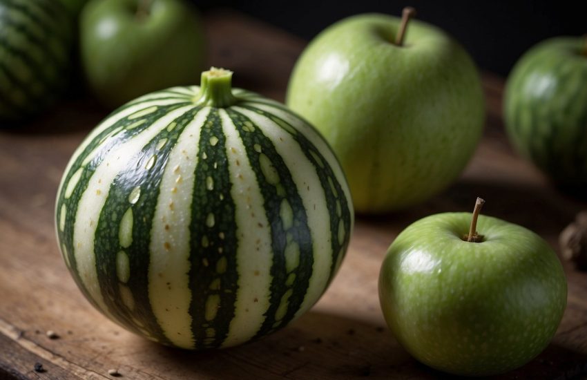 A round, green and white striped fruit with black seeds, resembling a watermelon but smaller in size