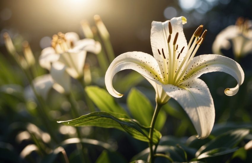 Lily-like plants sway in a gentle breeze, their delicate petals and long, slender leaves reaching towards the sunlight