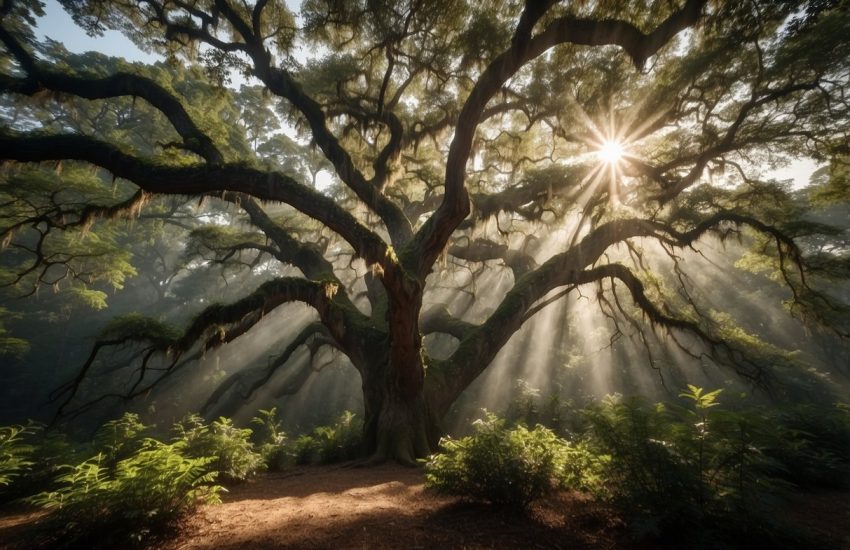 Sunlight filters through the dense canopy of towering oak trees in the North Carolina forest. Their gnarled branches reach towards the sky, creating a majestic and ancient landscape