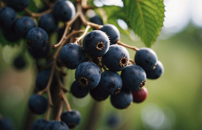 A thorny plant with dark, juicy berries hangs from tangled vines