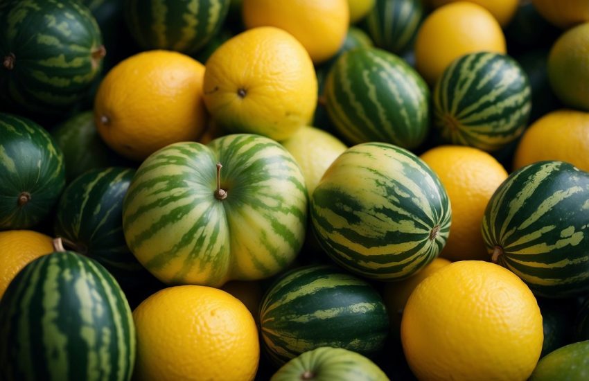 A pile of round, green and yellow fruits, with dark green stripes, resembling watermelons