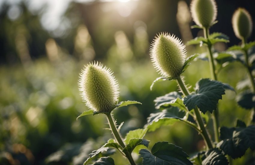 Tall burdock and mullein plants stand side by side, their large leaves and spiky flowers creating a striking resemblance