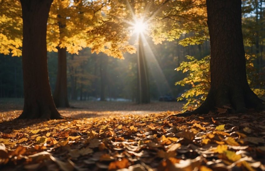 Sunlight filters through colorful autumn leaves on towering New England trees