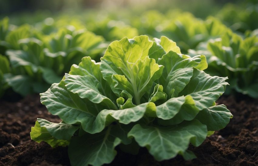 A green, leafy plant resembling lettuce, with crisp, ruffled leaves and a thick, sturdy stem