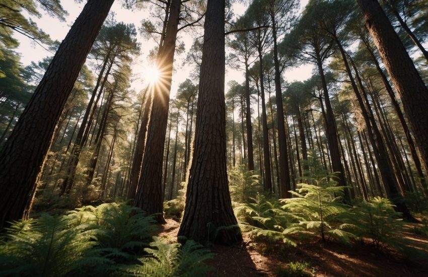 Tall pine trees stand in a dense Louisiana forest, their long needles reaching towards the sky. The sun filters through the branches, casting dappled shadows on the forest floor