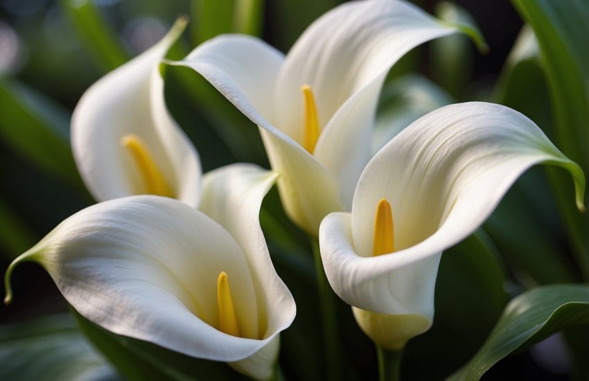 Vibrant calla lilies sway in a gentle breeze, their elegant white petals curling gracefully at the tips, surrounded by lush green foliage