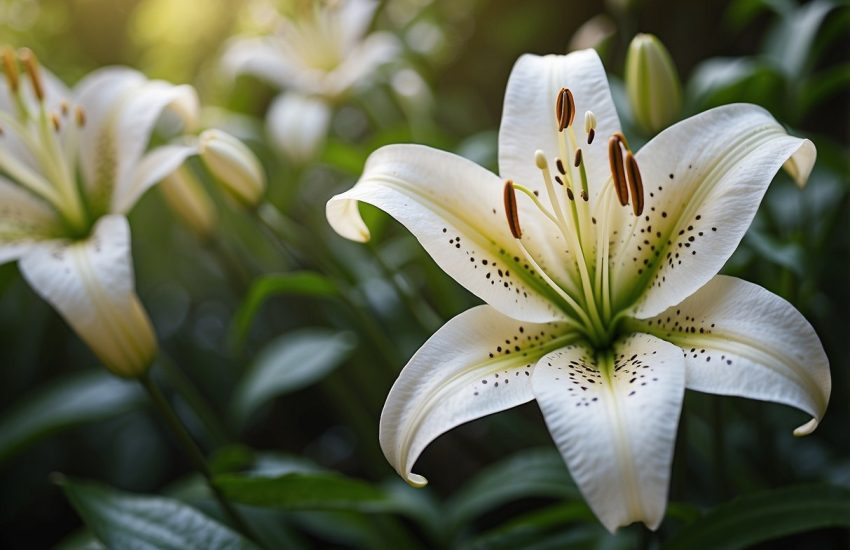 Lilies bloom in a garden, their slender petals reaching towards the sun, surrounded by lush green foliage