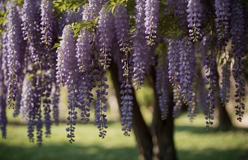 A wisteria-like tree in full bloom cascading with lavender flowers