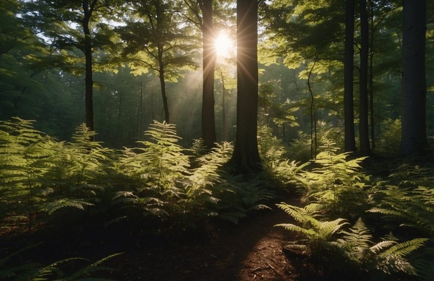 Tall trees blanket the rolling hills of upstate NY. Sunlight filters through the dense foliage, casting dappled shadows on the forest floor