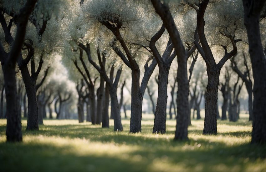 Tall, slender trees with silvery-green leaves resembling olive trees stand in a row, their twisted trunks and delicate branches reaching towards the sky