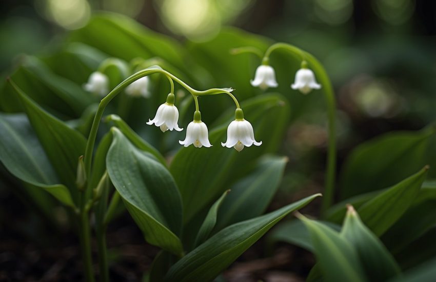 Small white bell-shaped flowers, resembling lily of the valley, nestled among lush green leaves in a shaded woodland setting