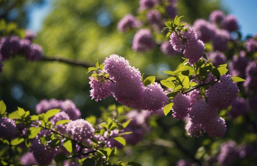 A vibrant purple flowering tree stands tall in a Wisconsin landscape, surrounded by lush green foliage and a clear blue sky