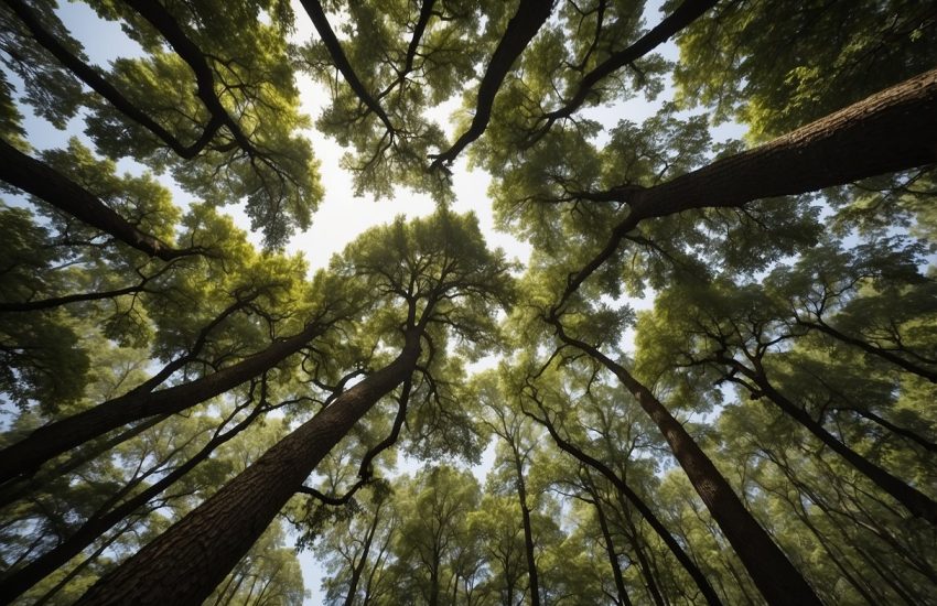 Tall oak trees stand in a dense forest in North Carolina, their branches reaching towards the sky, surrounded by lush greenery