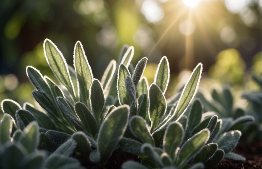 A fuzzy, silvery-green plant resembling lamb's ear grows in a sun-dappled garden, its velvety leaves catching the light