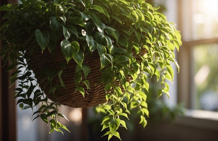 Lush green leaves of wandering jew plant cascading down a hanging basket, with sunlight streaming through the window, creating a serene and inviting atmosphere