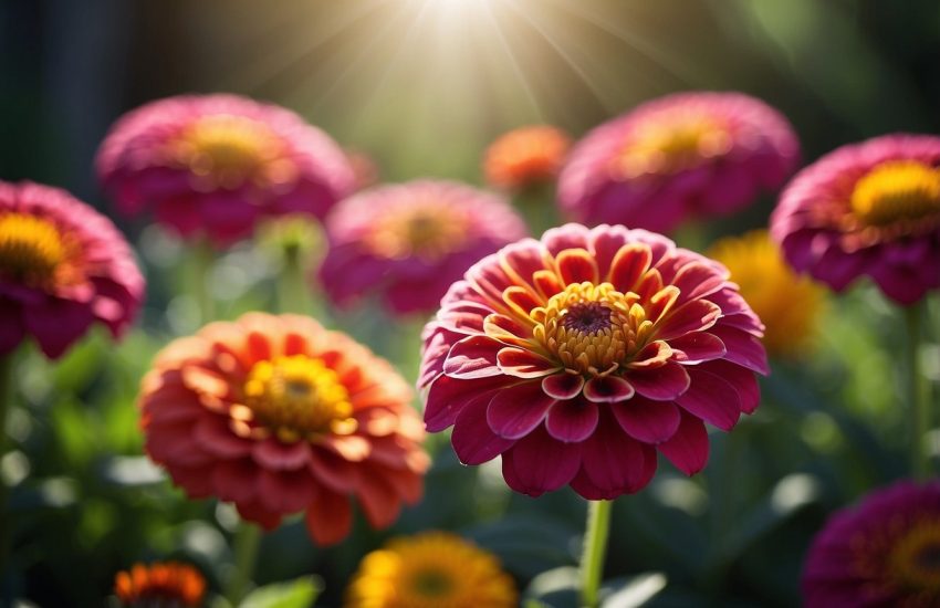 Vibrant zinnias stand tall in a garden, their colorful petals reaching towards the sun