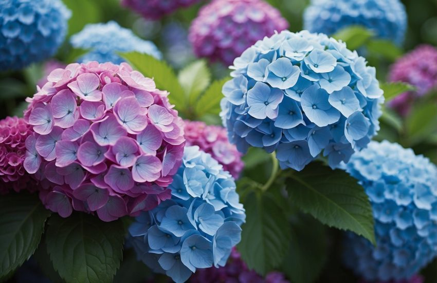 Lush green foliage with large clusters of round, fluffy flowers in shades of blue, pink, and purple resembling hydrangeas