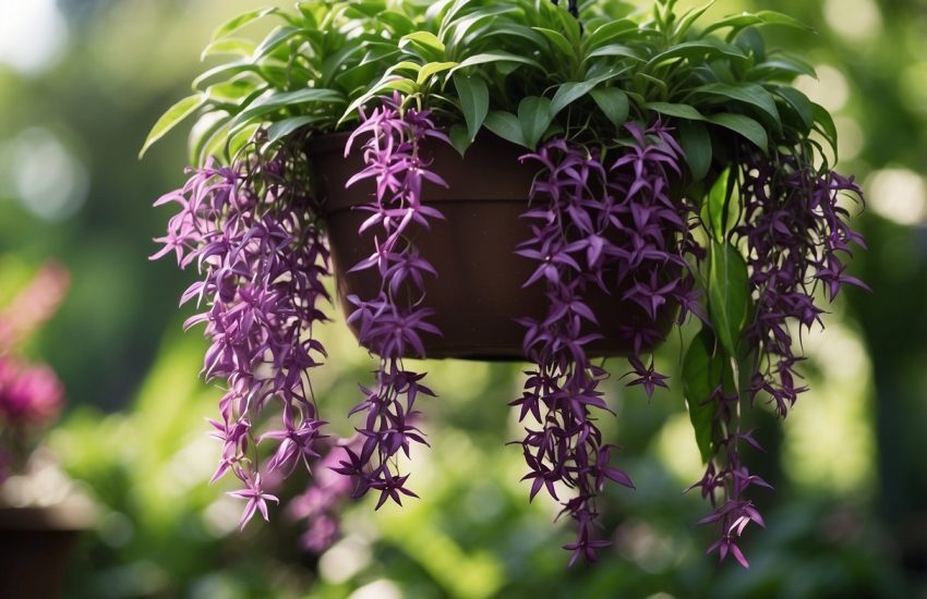 Lush green plants resembling wandering jew cascade down from a hanging basket, their vibrant leaves shimmering in the sunlight