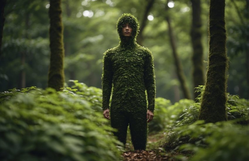 Lush greenery resembling human forms in a forest clearing. Twisting vines and branches create humanoid shapes among the foliage