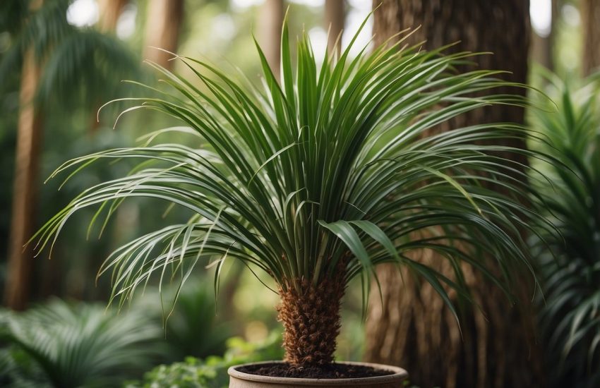 A ponytail palm look-alike stands tall with a thick, textured trunk and long, narrow green leaves cascading from the top