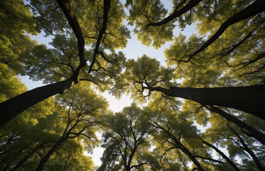 The tall oak trees in New York stand proudly, their branches reaching towards the sky, their leaves rustling in the gentle breeze