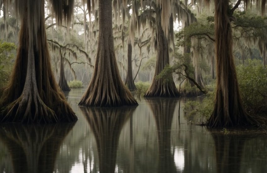 Tall cypress trees stand in murky water, draped with Spanish moss, surrounded by lush greenery and the sounds of wildlife in a Louisiana swamp