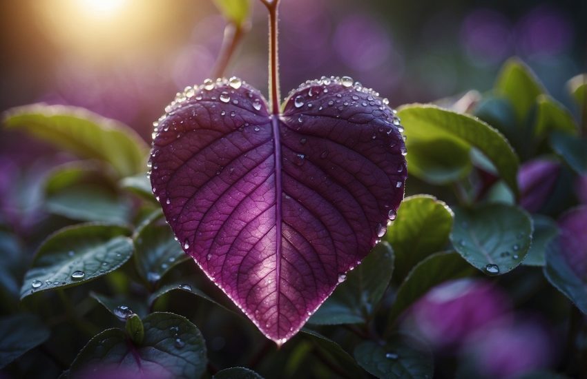 A purple heart plant thrives in the sunlight, its vibrant leaves glistening with dew. The plant's heart-shaped foliage is visually striking, symbolizing love and compassion