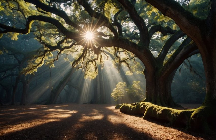 Sunlight filters through the dense canopy of ancient oak trees in South Carolina, casting dappled shadows on the forest floor