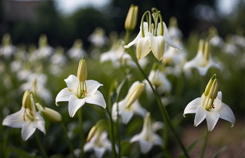 Vibrant, white-petaled flowers with long, slender stems and delicate, trumpet-shaped blooms resembling lilies