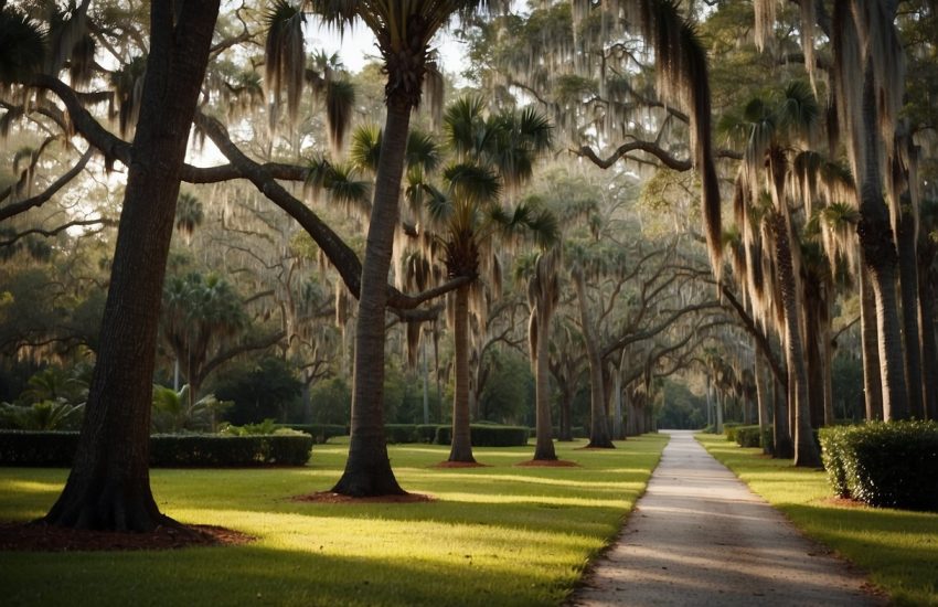 Palm trees and oak trees dominate the Florida landscape, with their tall, slender trunks and lush, green leaves. Spanish moss hangs from the branches, adding a touch of Southern charm