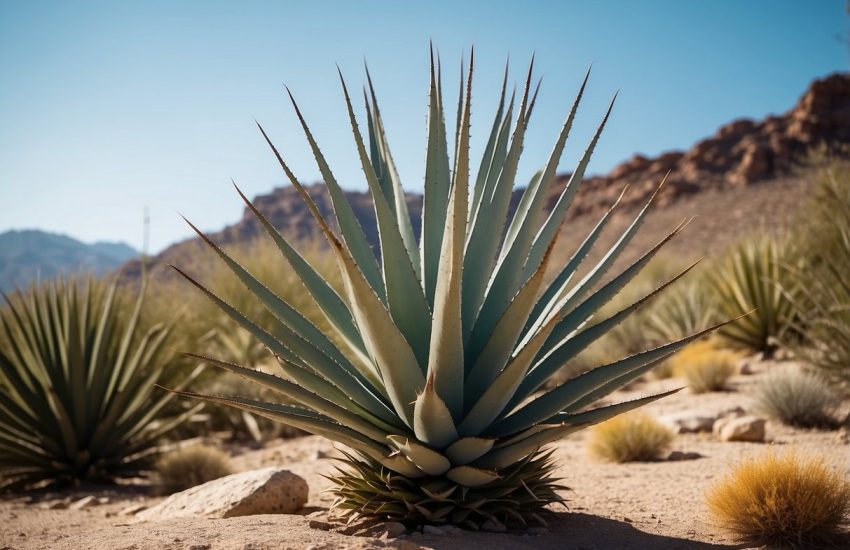 A desert landscape with tall, spiky plants resembling agave, set against a backdrop of rocky terrain and a clear blue sky