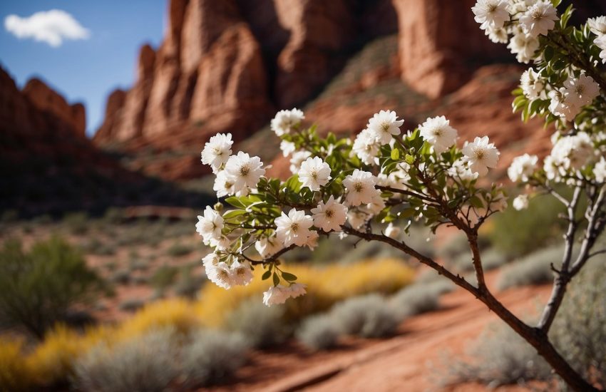 A white flowering tree stands against a backdrop of Utah's red rock landscape