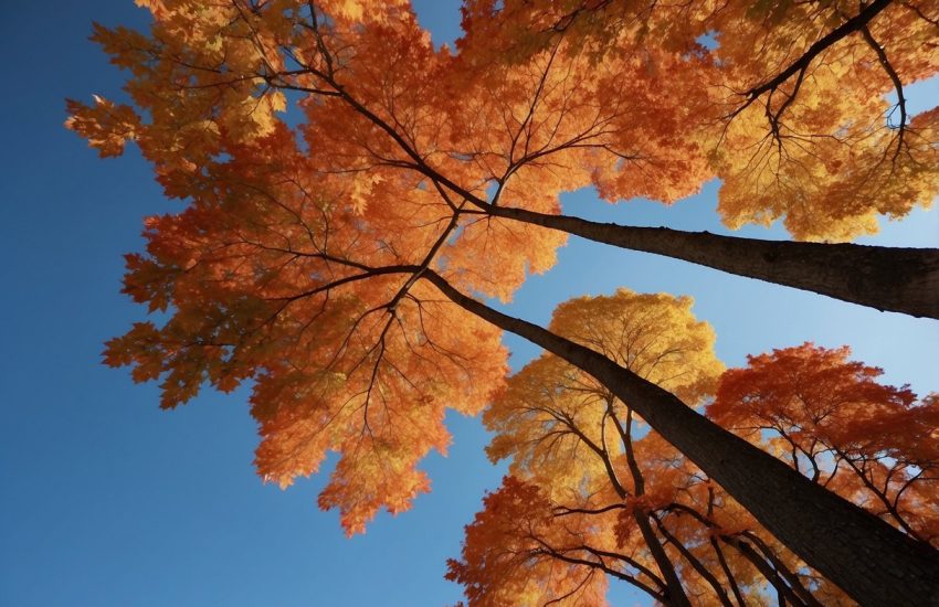 Tall maple trees in New Jersey, with vibrant red and orange leaves, stand against a clear blue sky on a sunny autumn day