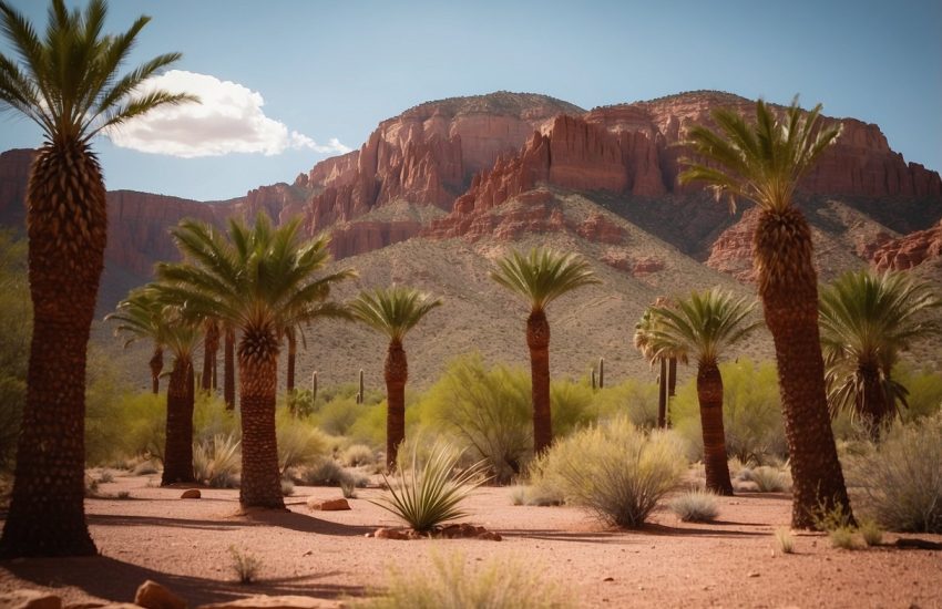 Tall palm trees sway in the desert breeze against a backdrop of red rock formations in New Mexico