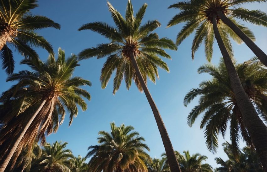 Tall palm trees with slender trunks and large, fan-shaped leaves, standing against a clear blue sky in a temperate climate
