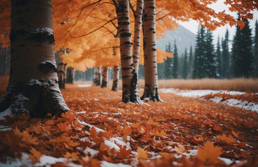 Maple trees stand tall in the Alaskan wilderness, their vibrant red and orange leaves contrasting against the snow-covered landscape