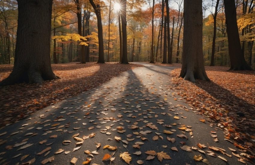 A forest clearing with red, sugar, and silver maple trees in Illinois. Various leaf shapes and colors, with a mix of tall and short trees