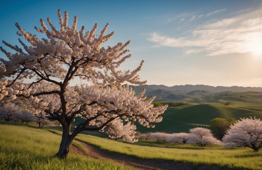 Cherry blossoms bloom in a Texas landscape, with a lone tree standing against a backdrop of blue skies and rolling hills