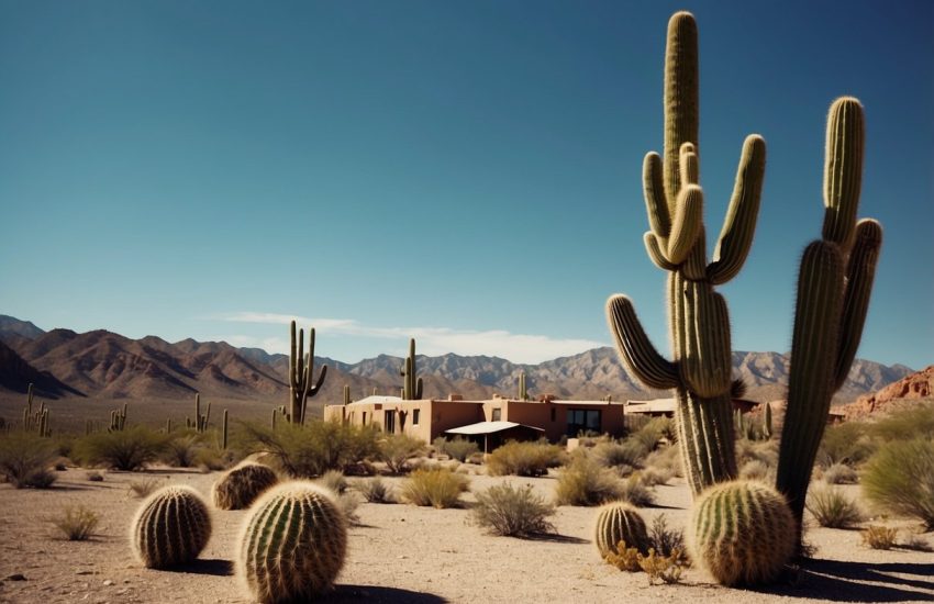 A desert landscape with cacti and adobe buildings, under a bright blue sky, with no palm trees in sight